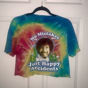 Bob Ross Tie Dye Crop Top “No Mistakes, Just Happy Accidents” Tee Tshirt Medium